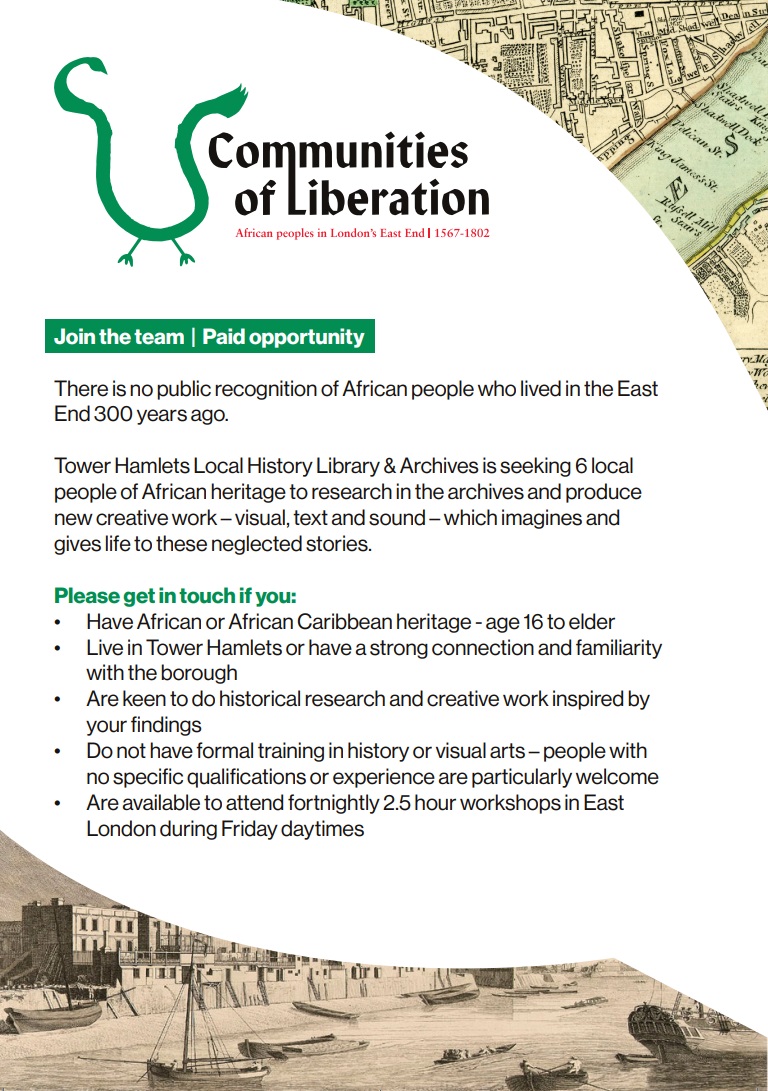 Page 1 of recruitment flyer for Communities of Liberation project in Tower Hamlets